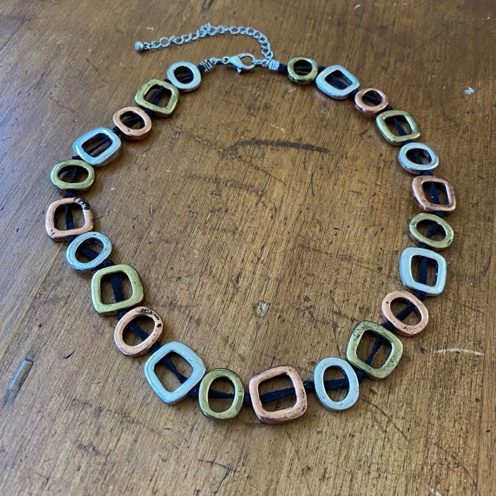 Vintage 90s Mixed Metal Geometric Square Statement Necklace Gold Silver